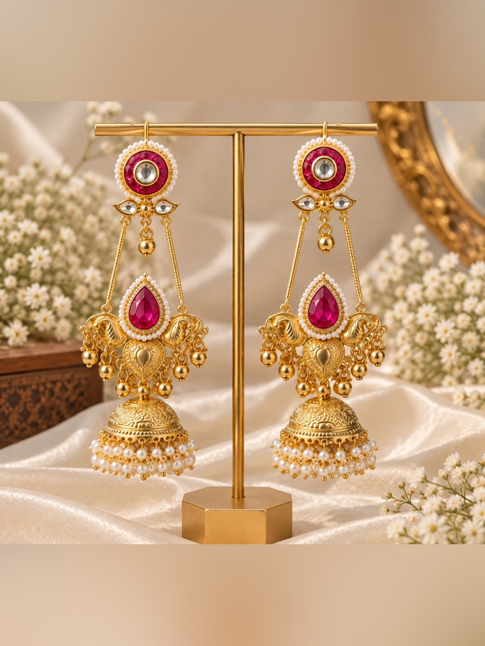 Gold-Plated Jhumka Earrings with Pink Teardrop Stones